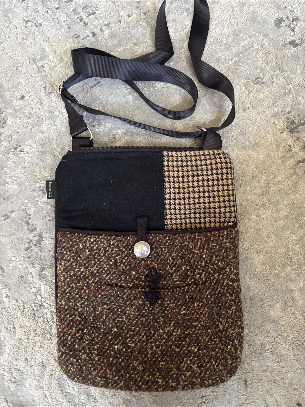 Tweed & Black Panel Crossbody Messenger Bag -